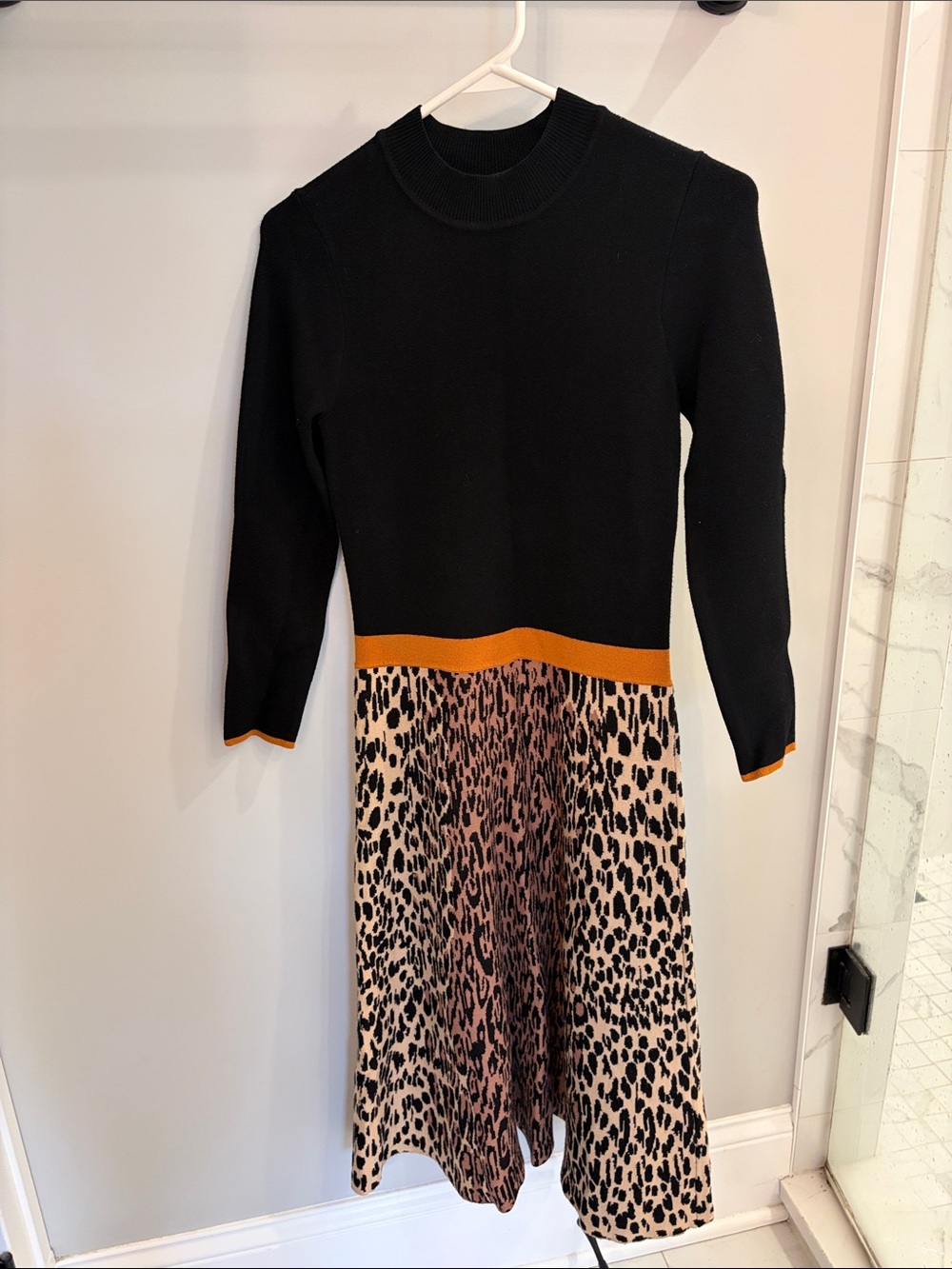 Eliza J Black Knit Top Dress with Leopard Print Skirt and Orange Trim